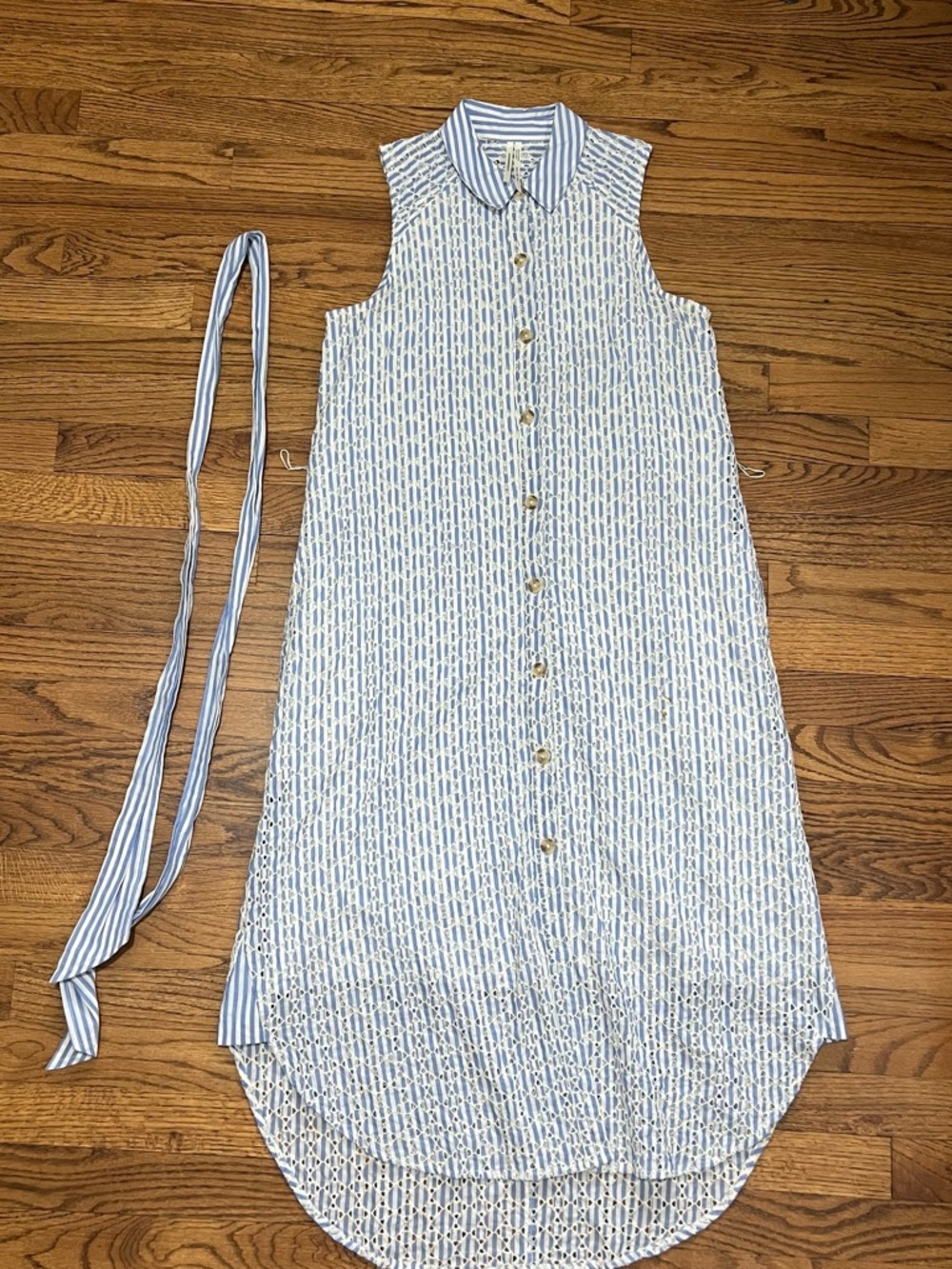 Anthropologie Blue and White Striped Embroidered Eyelet Button-Up Dress